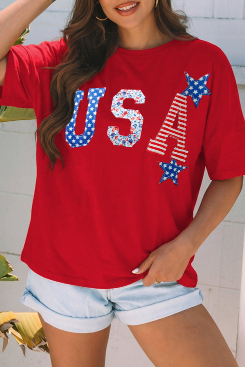 USA Slogan Letter Print Patch Embroidered Short Sleeve Tee