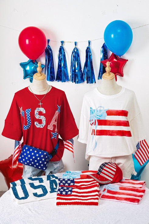 USA Slogan Letter Print Patch Embroidered Short Sleeve Tee