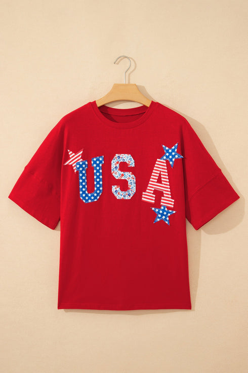 USA Slogan Letter Print Patch Embroidered Short Sleeve Tee
