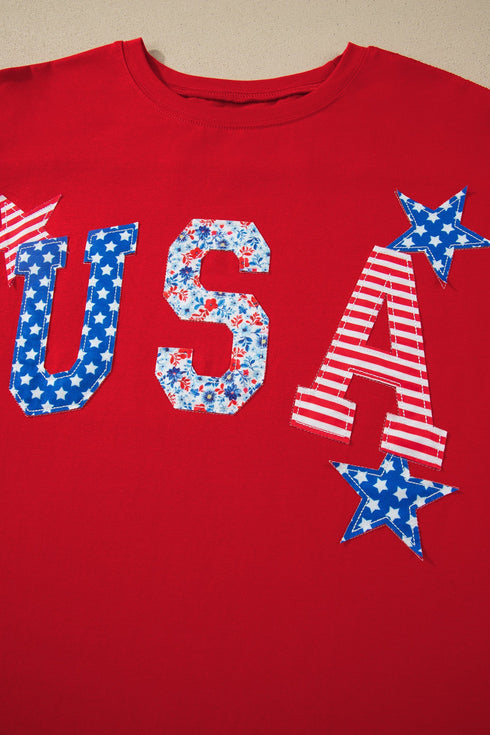 USA Slogan Letter Print Patch Embroidered Short Sleeve Tee