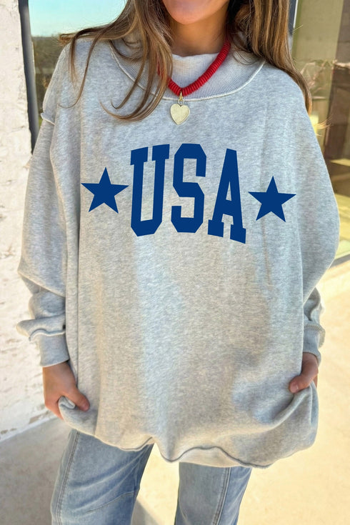 USA Slogan Mock Neck Pullover Graphic Sweatshirt