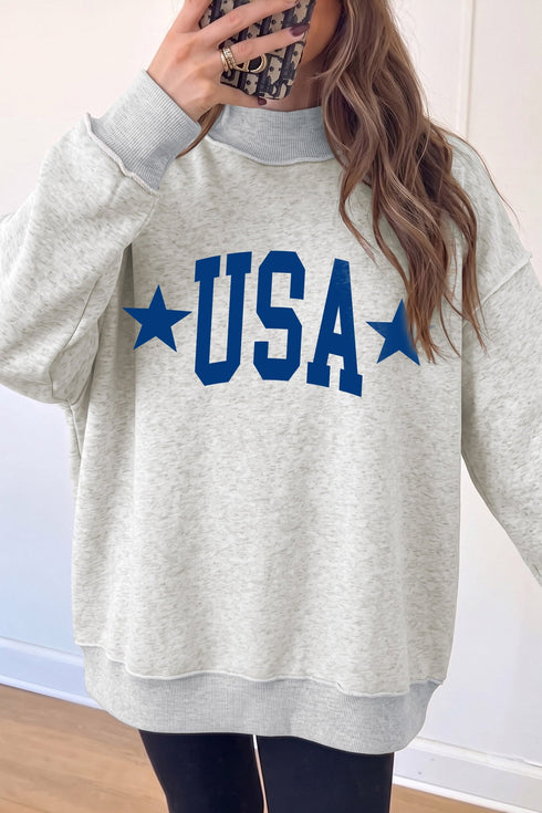 USA Slogan Mock Neck Pullover Graphic Sweatshirt