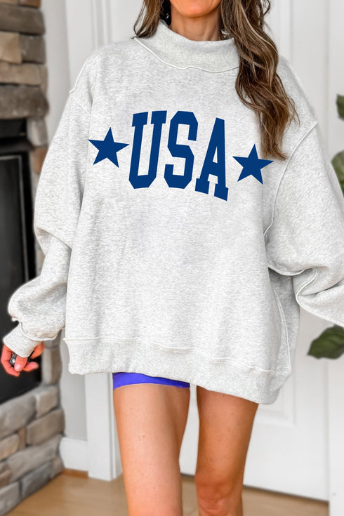 USA Slogan Mock Neck Pullover Graphic Sweatshirt