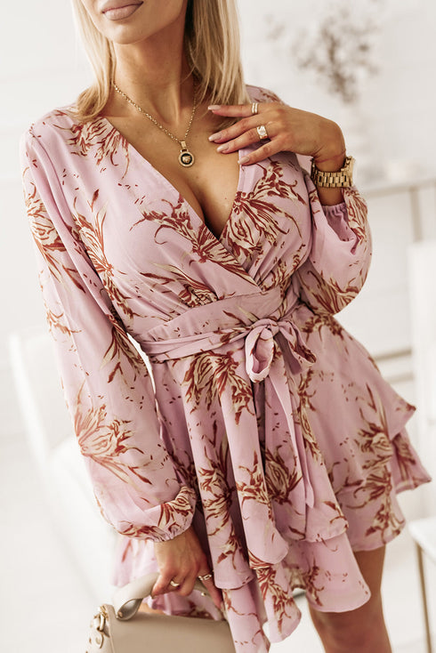 V Neck Baggy Sleeve Waist Tie Double Layer Ruffle Hem Floral Print Short Dress