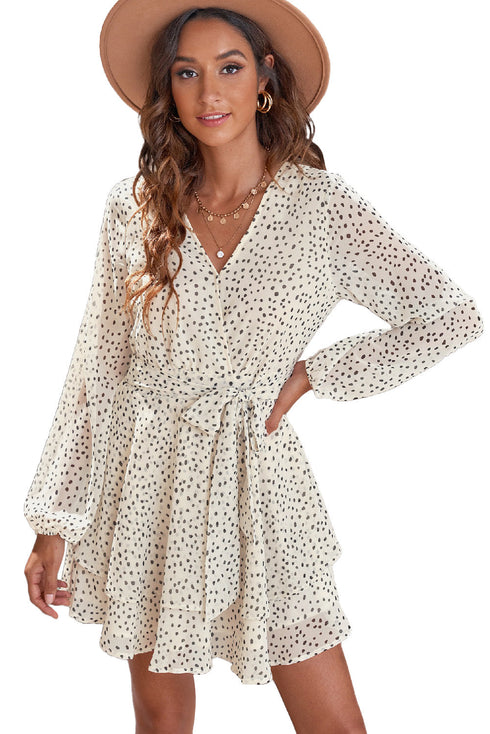 V Neck Baggy Sleeve Waist Tie Double Layer Ruffle Hem Floral Print Short Dress