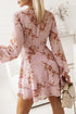 V Neck Baggy Sleeve Waist Tie Double Layer Ruffle Hem Floral Print Short Dress