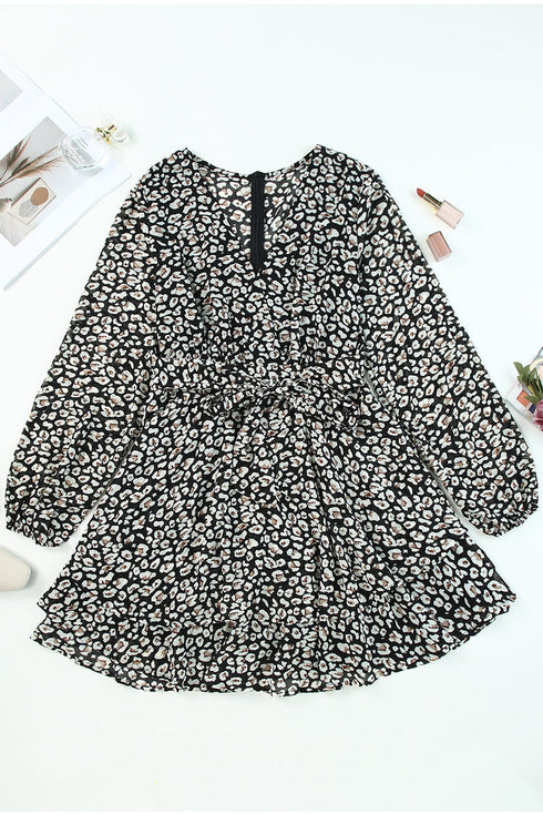 V Neck Baggy Sleeve Waist Tie Double Layer Ruffle Hem Floral Print Short Dress