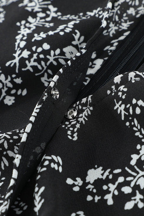 V Neck Baggy Sleeve Waist Tie Double Layer Ruffle Hem Floral Print Short Dress