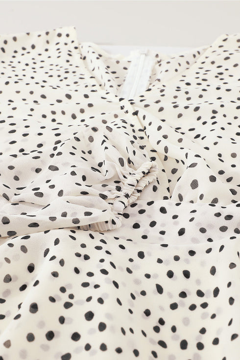 V Neck Baggy Sleeve Waist Tie Double Layer Ruffle Hem Floral Print Short Dress