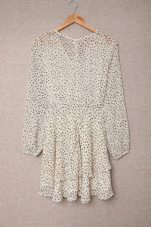 V Neck Baggy Sleeve Waist Tie Double Layer Ruffle Hem Floral Print Short Dress