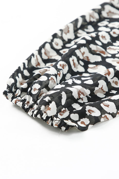 V Neck Baggy Sleeve Waist Tie Double Layer Ruffle Hem Floral Print Short Dress