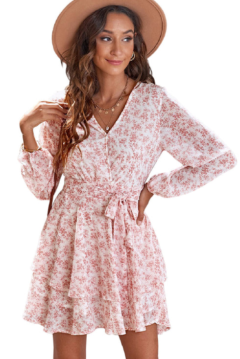 V Neck Baggy Sleeve Waist Tie Double Layer Ruffle Hem Floral Print Short Dress