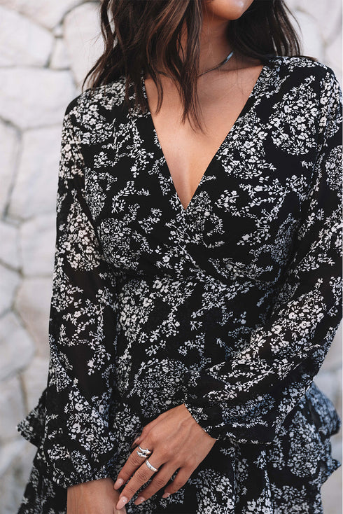 V Neck Baggy Sleeve Waist Tie Double Layer Ruffle Hem Floral Print Short Dress