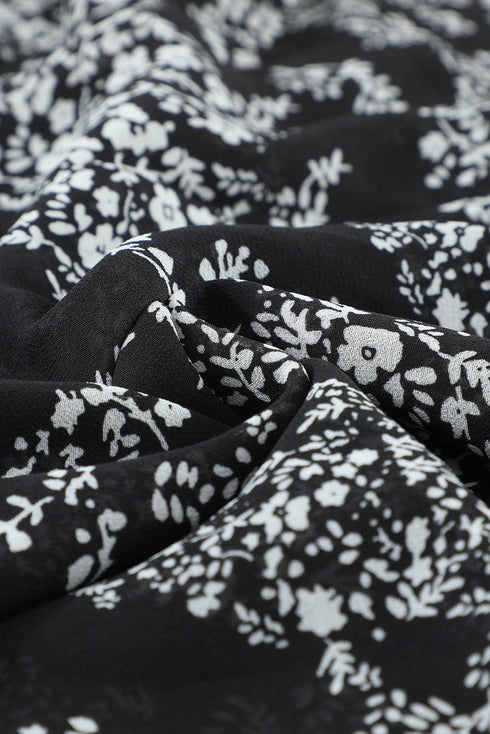 V Neck Baggy Sleeve Waist Tie Double Layer Ruffle Hem Floral Print Short Dress