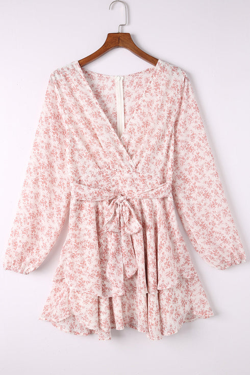 V Neck Baggy Sleeve Waist Tie Double Layer Ruffle Hem Floral Print Short Dress