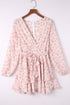 V Neck Baggy Sleeve Waist Tie Double Layer Ruffle Hem Floral Print Short Dress