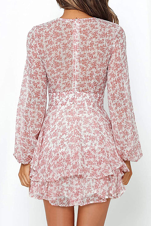 V Neck Baggy Sleeve Waist Tie Double Layer Ruffle Hem Floral Print Short Dress