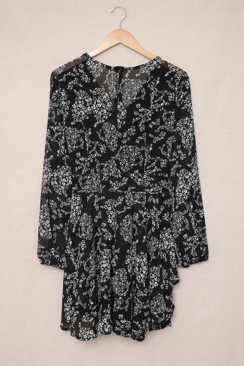 V Neck Baggy Sleeve Waist Tie Double Layer Ruffle Hem Floral Print Short Dress