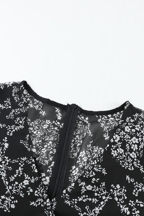 V Neck Baggy Sleeve Waist Tie Double Layer Ruffle Hem Floral Print Short Dress