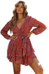 V Neck Baggy Sleeve Waist Tie Double Layer Ruffle Hem Floral Print Short Dress