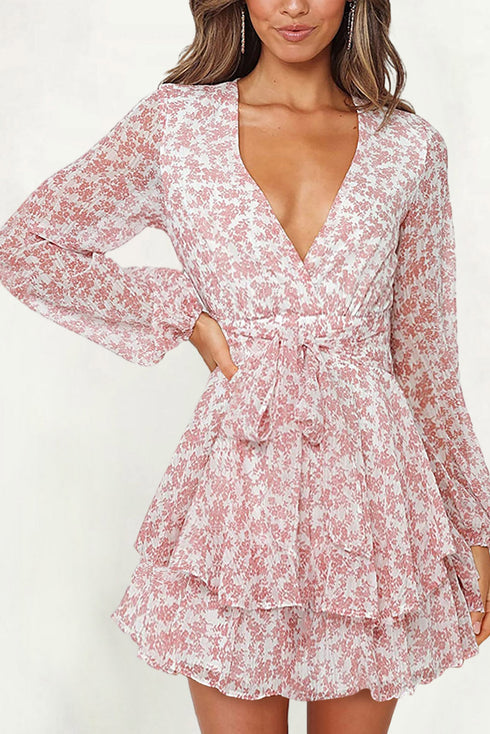 V Neck Baggy Sleeve Waist Tie Double Layer Ruffle Hem Floral Print Short Dress