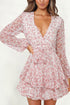 V Neck Baggy Sleeve Waist Tie Double Layer Ruffle Hem Floral Print Short Dress