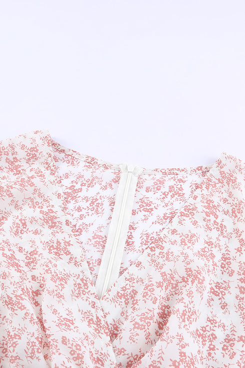 V Neck Baggy Sleeve Waist Tie Double Layer Ruffle Hem Floral Print Short Dress