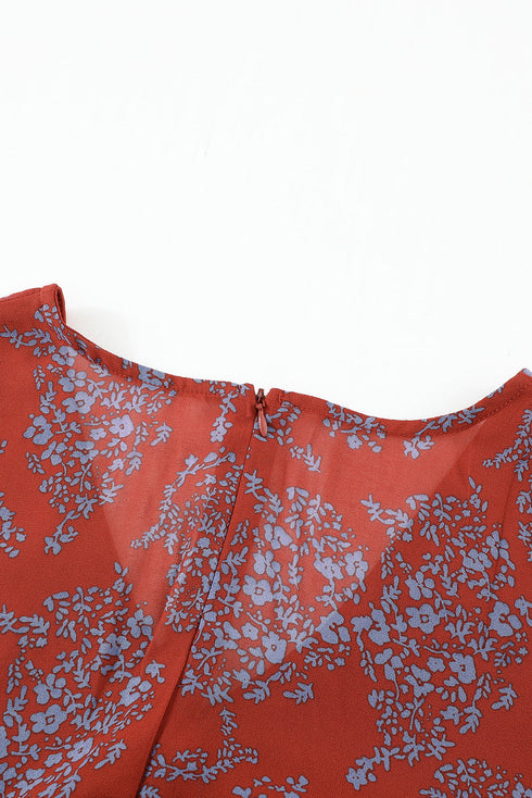 V Neck Baggy Sleeve Waist Tie Double Layer Ruffle Hem Floral Print Short Dress