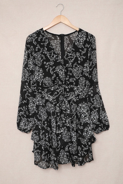 V Neck Baggy Sleeve Waist Tie Double Layer Ruffle Hem Floral Print Short Dress