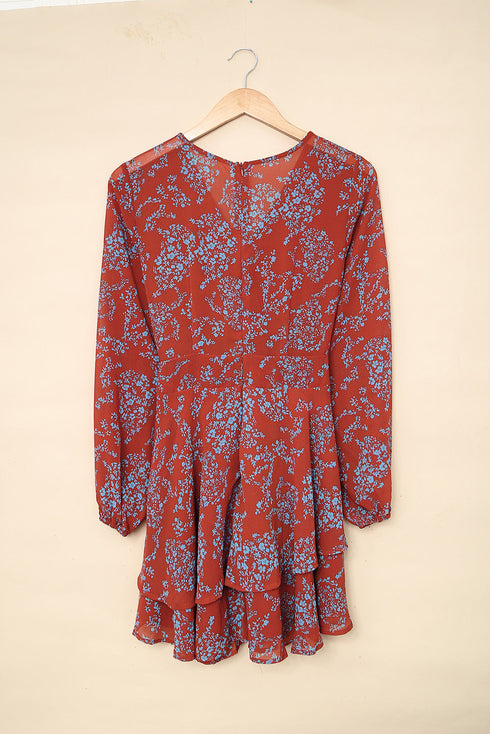 V Neck Baggy Sleeve Waist Tie Double Layer Ruffle Hem Floral Print Short Dress