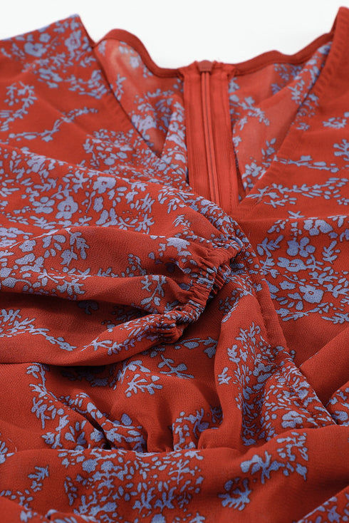 V Neck Baggy Sleeve Waist Tie Double Layer Ruffle Hem Floral Print Short Dress