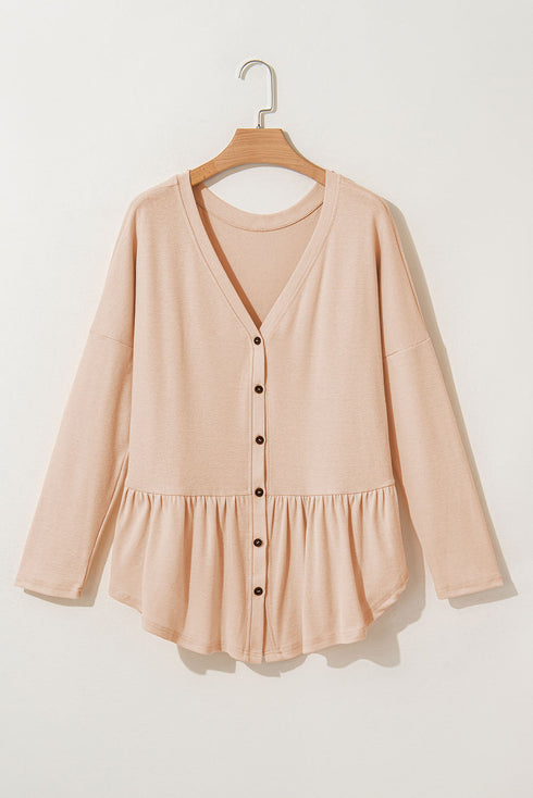 V Neck Button Down Soft Knit Babydoll Top