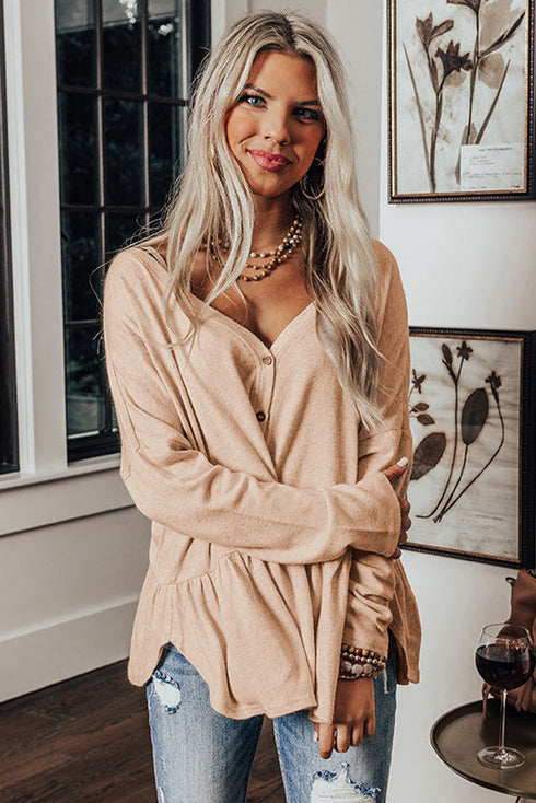 V Neck Button Down Soft Knit Babydoll Top