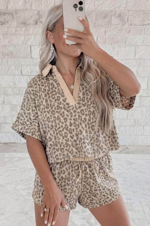 V Neck Collared Leopard Print Two Piece Short Set