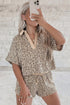 V Neck Collared Leopard Print Two Piece Short Set