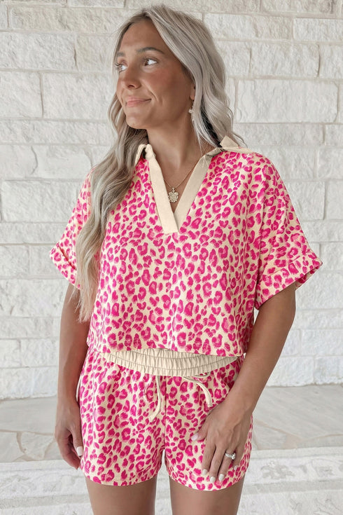 V Neck Collared Leopard Print Two Piece Short Set