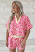 V Neck Collared Leopard Print Two Piece Short Set