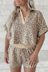 V Neck Collared Leopard Print Two Piece Short Set