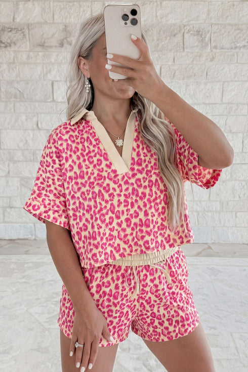V Neck Collared Leopard Print Two Piece Short Set