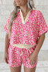 V Neck Collared Leopard Print Two Piece Short Set