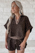 V Neck Collared Leopard Print Two Piece Short Set