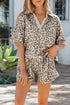 V Neck Collared Leopard Print Two Piece Short Set