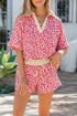 V Neck Collared Leopard Print Two Piece Short Set