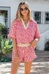 V Neck Collared Leopard Print Two Piece Short Set