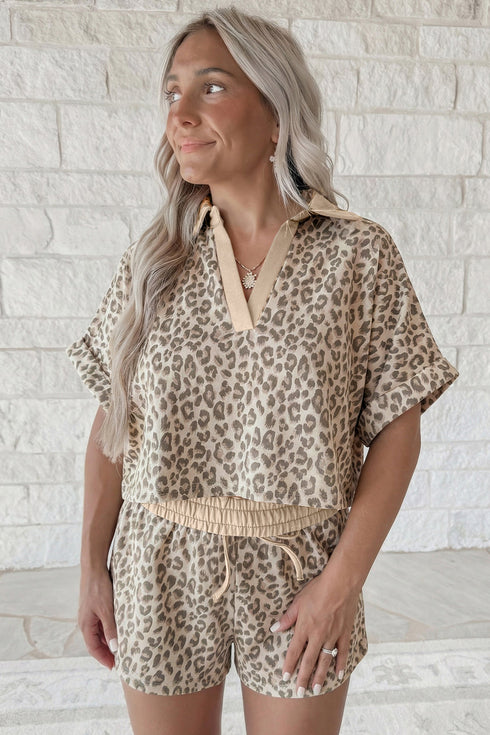 V Neck Collared Leopard Print Two Piece Short Set