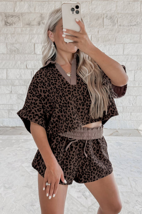 V Neck Collared Leopard Print Two Piece Short Set
