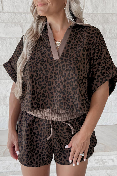 V Neck Collared Leopard Print Two Piece Short Set