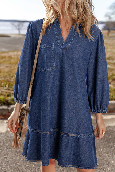 V Neck Collared Pocket Denim Ruffle Hem Mini Dress