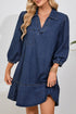V Neck Collared Pocket Denim Ruffle Hem Mini Dress