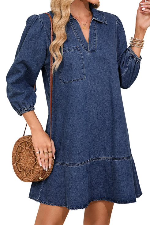 V Neck Collared Pocket Denim Ruffle Hem Mini Dress
